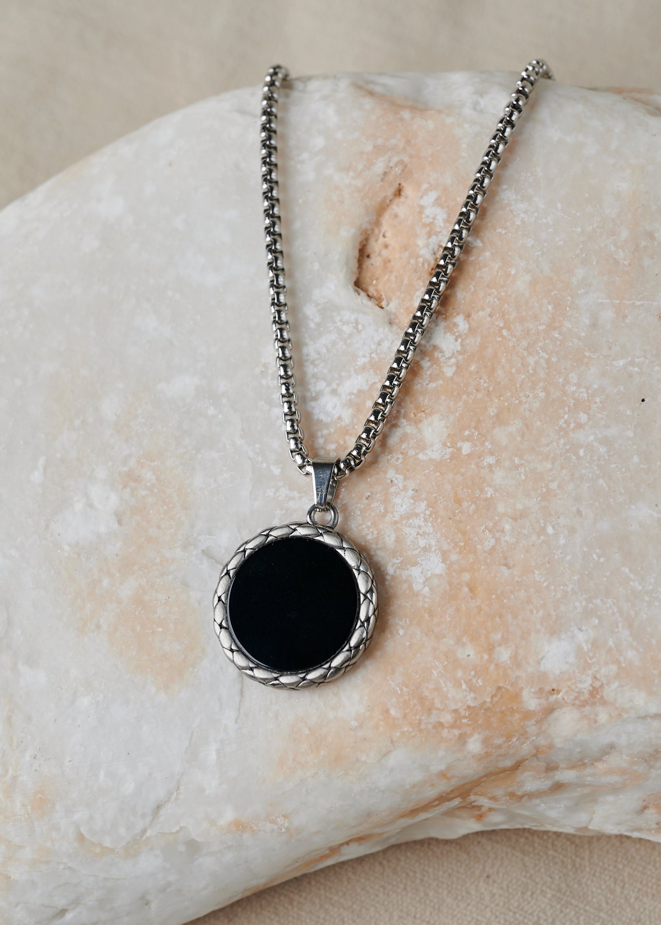 Black Onix Coin Pendant Silver