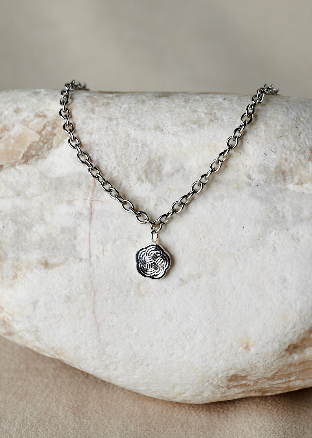 Majaca Signature Charm Necklace in Silver Rolo Chain