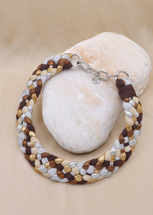 Catalina handcrafted statement necklace in brown, beige, gray, silver, gold and copper colors with artisanal macramé design, chunky bold brass chain plated in silver closure.